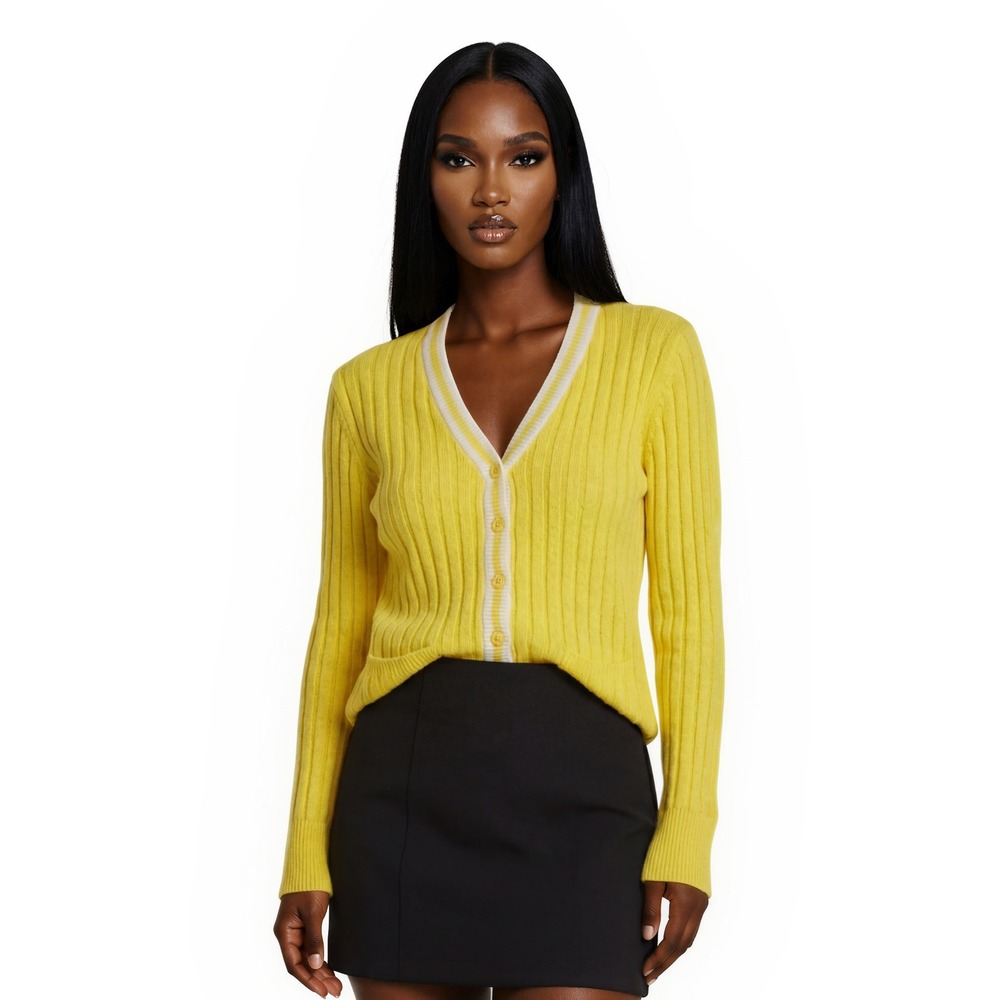 Tennis Lady‎ Sweater Women's Size Medium Yellow Ribbed Striped  Cardigan Vintage